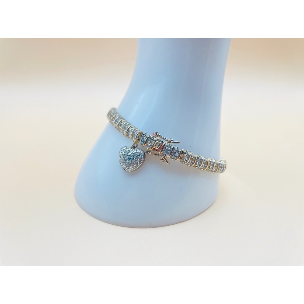 Elegant Sterling Silver 925 Gold Tone S-Link Tennis Bracelet Pave Heart Charm